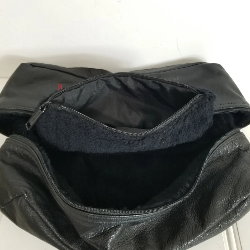 Riverhill Black Leather Pouch Bag Faux Fur Lined Single Handle Logo Zip